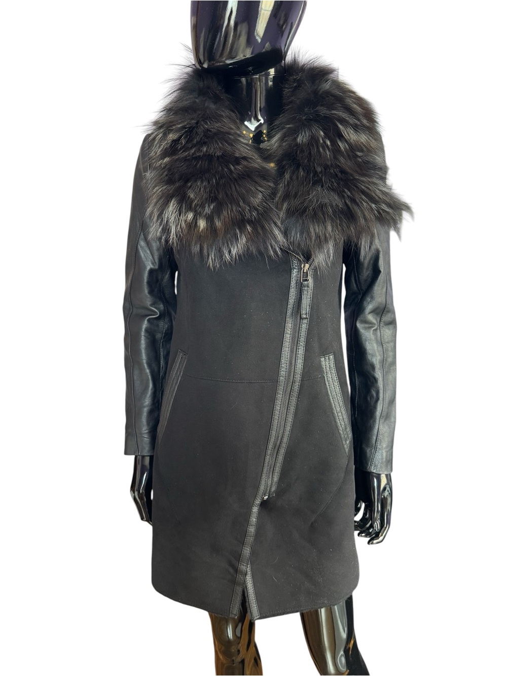 ANA CAPRI Black Suede Shearling Coat with Fur Collar  Luxury Winter Coat Size S